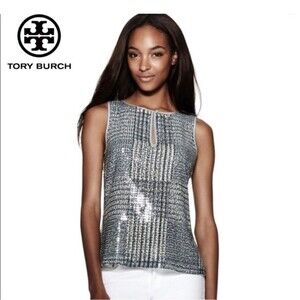 Tory Burch Bristol Plaid Sequins Keyhole Sleeveless Silk Lined Blouse Top Size 4